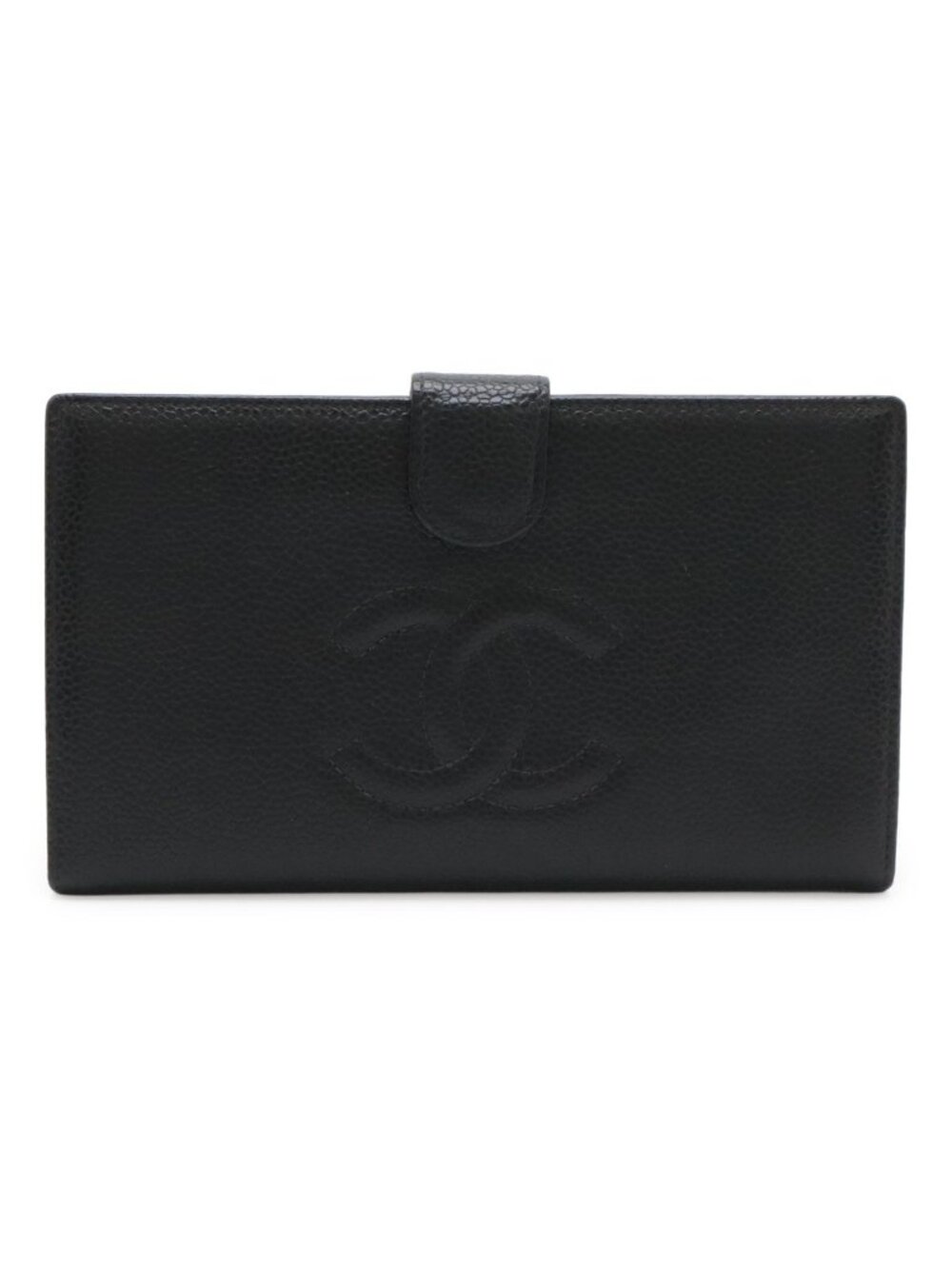 Chanel CC Logo Kiss Lock Wallet Caviar Leather Black Gold
